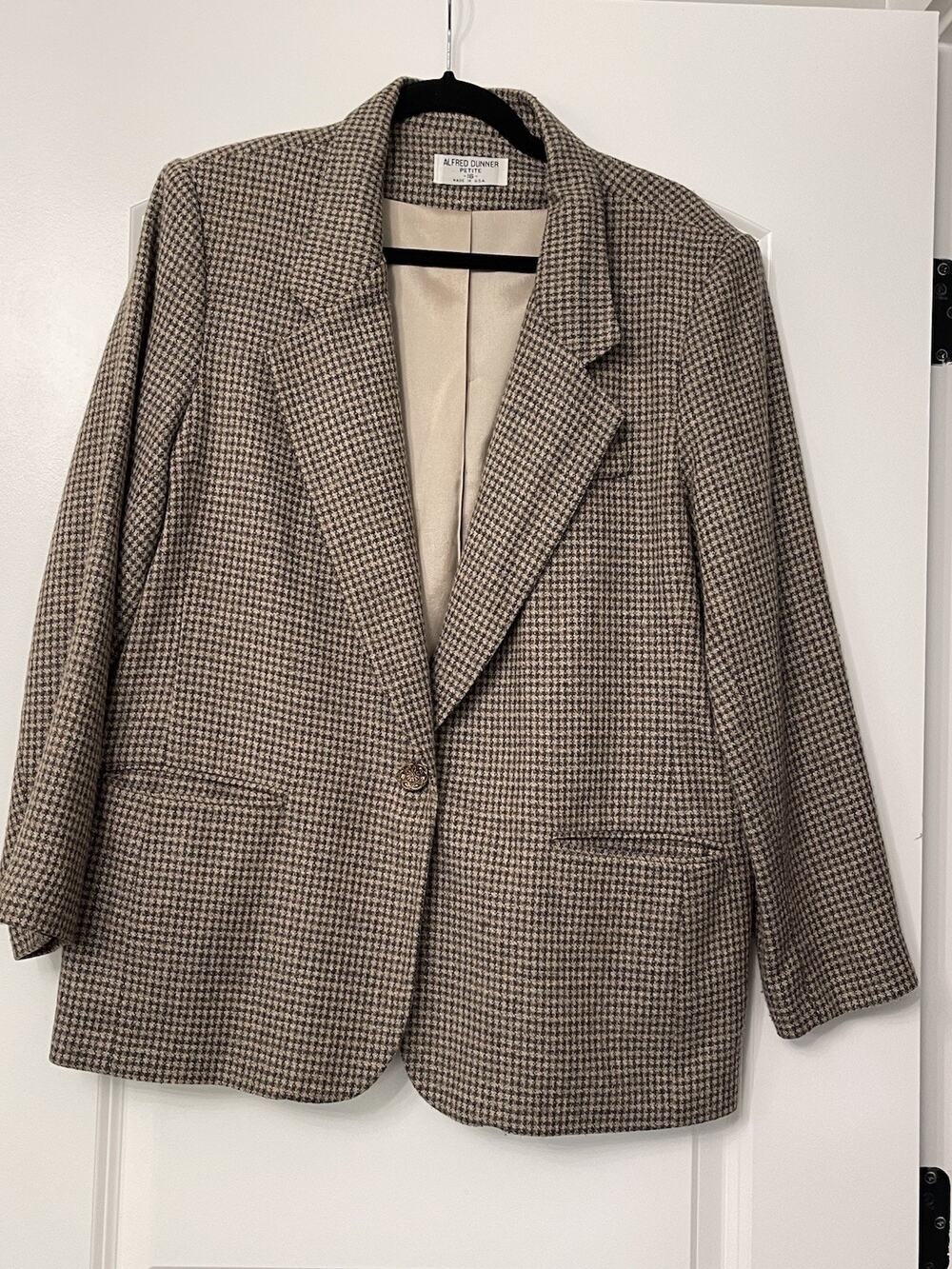 Preppy Vtg Alfred Dunner Wool Houndstooth Blazer Jacket Petite 16P Tweed USA